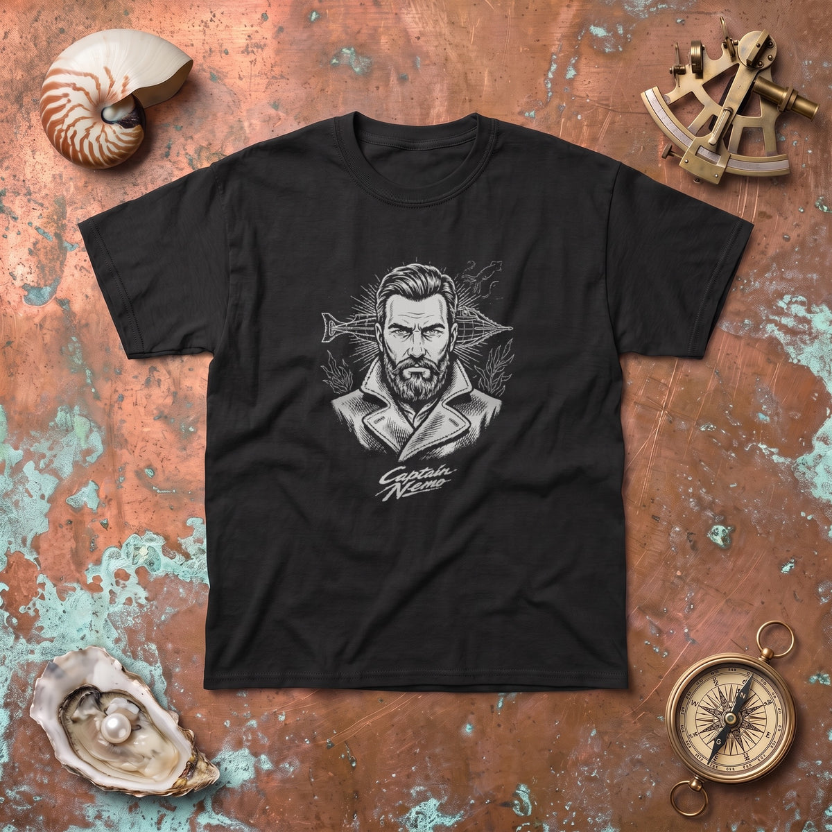 Captain Nemo black graphic tee, styled flat lay