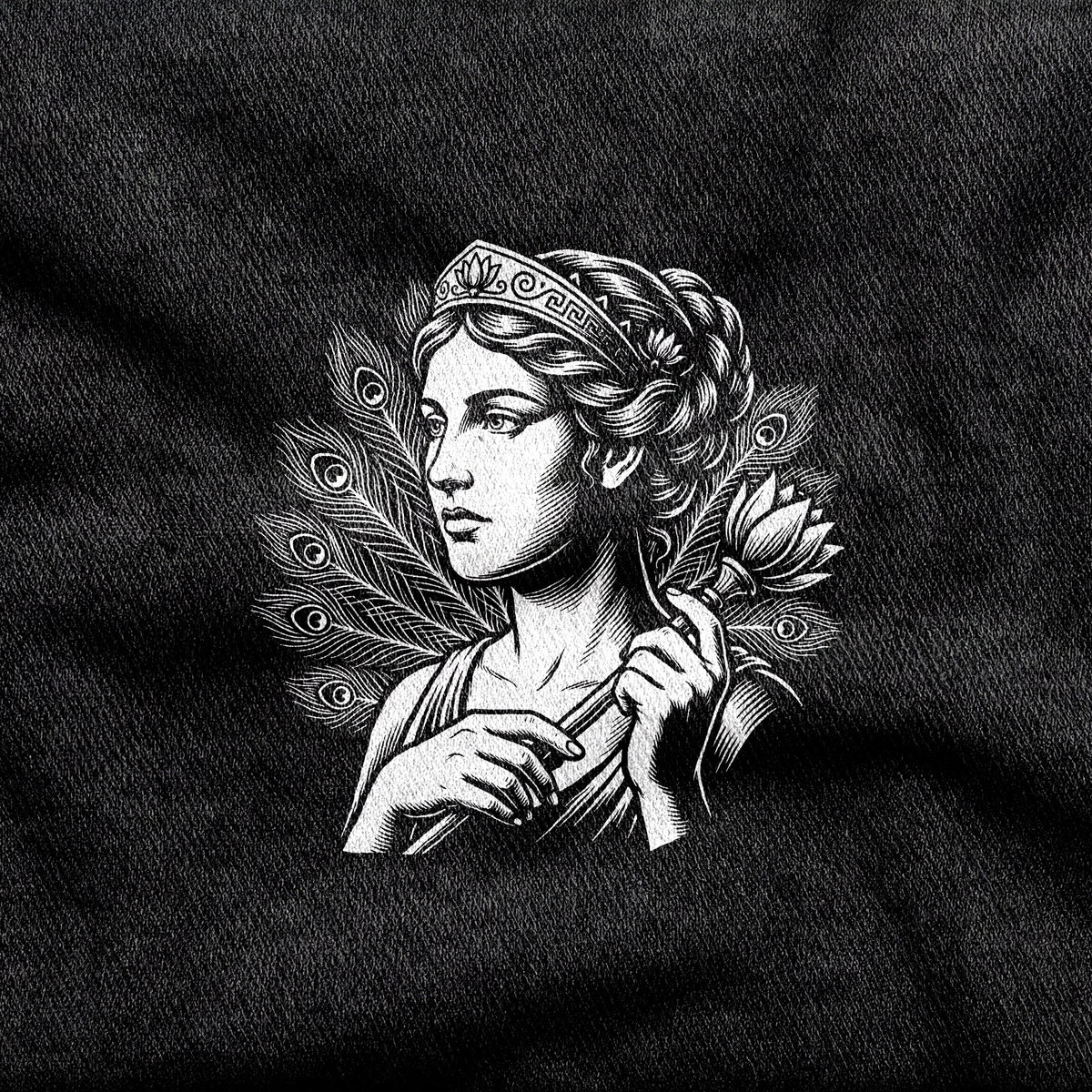 Aphrodite design printed on a black cotton tee, close-up