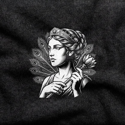 Aphrodite design printed on a black cotton tee, close-up