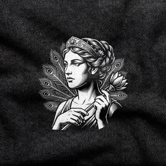 Aphrodite design printed on a black cotton tee, close-up