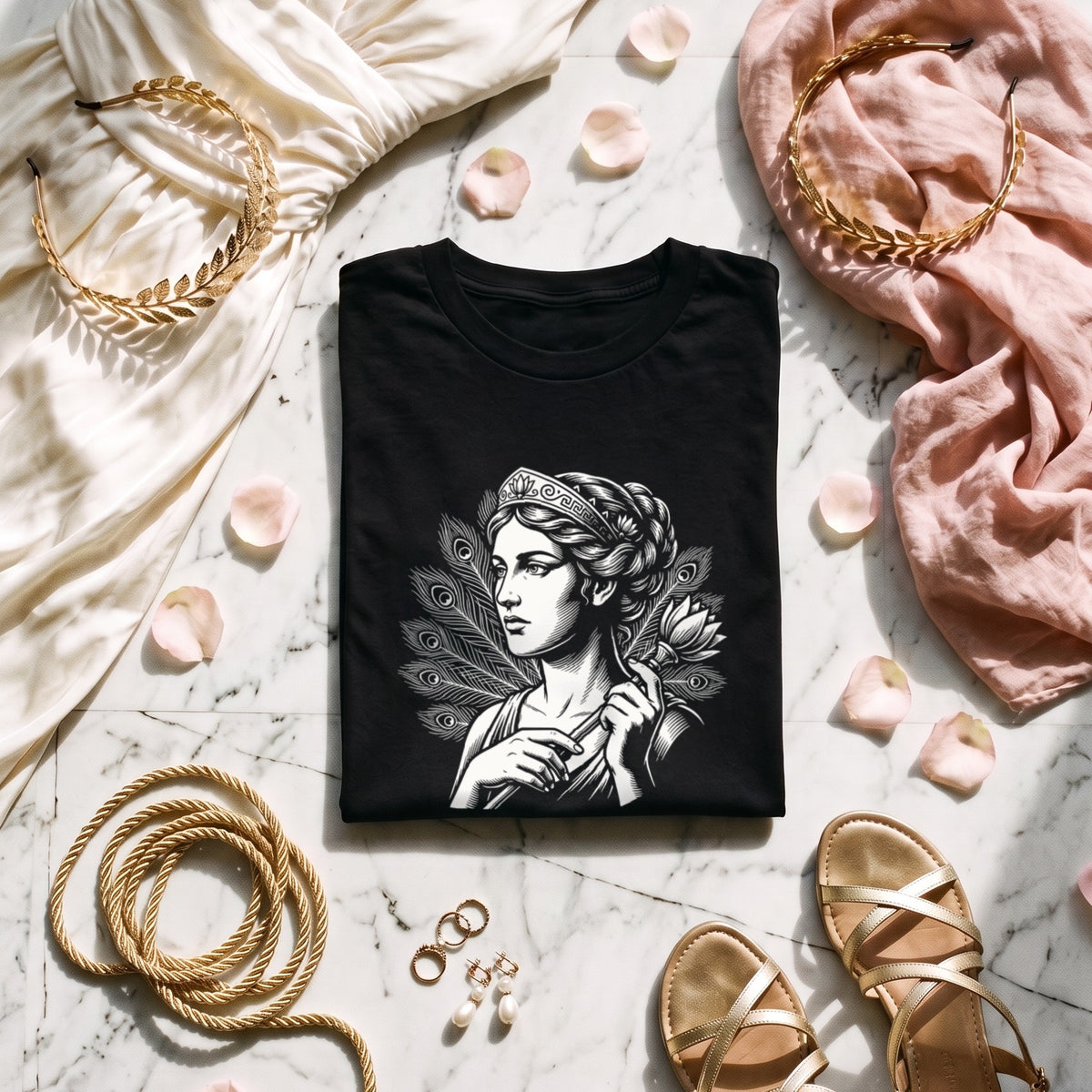 Aphrodite black graphic tee styled in a flat lay with matching pieces