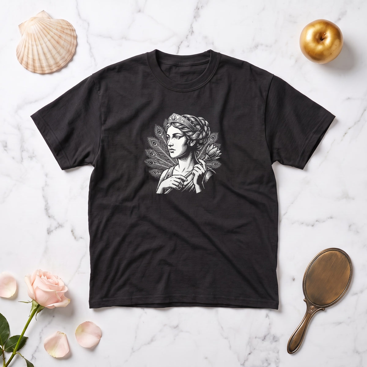 Aphrodite black graphic tee, styled flat lay
