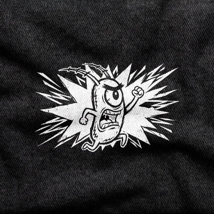 Plankton design printed on a black cotton tee, close-up