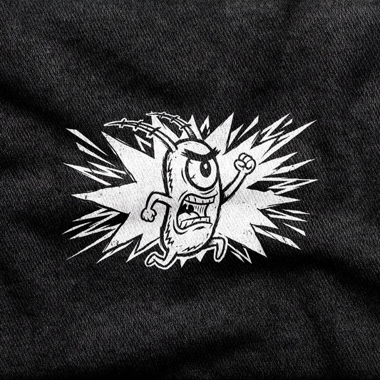 Plankton design printed on a black cotton tee, close-up